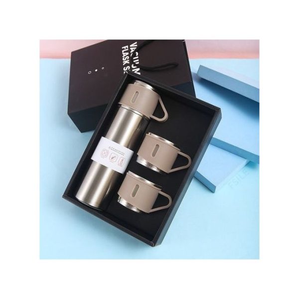 VACUUM FLASK طقم فولاذي معزول مع 3 فناجين استيل للقهوة والمشروبات الساخنة /البارد. (500 مل)
